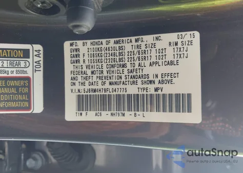 2015 Honda Cr-V Ex-L from USA, damaged, VIN 5J6RM4H79FL047775